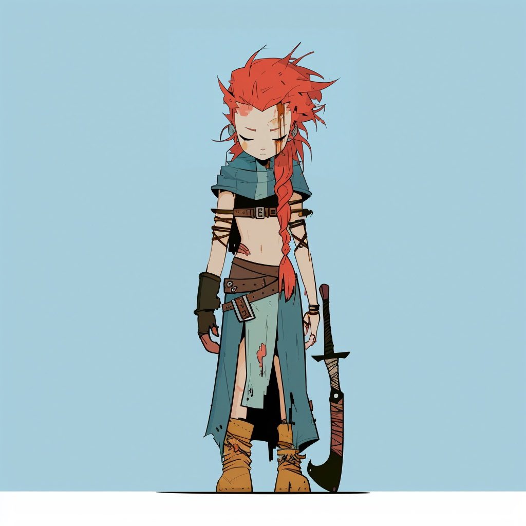 A WASTELAND character with bright red hair and a braid, in a torn teal coat, holding a machete.