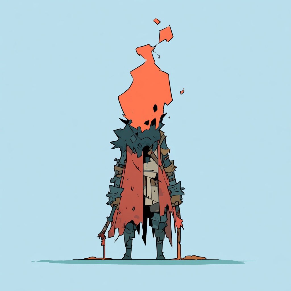 A cloaked WASTELAND figure in red and slate armour, its head an orange skull-like shape.