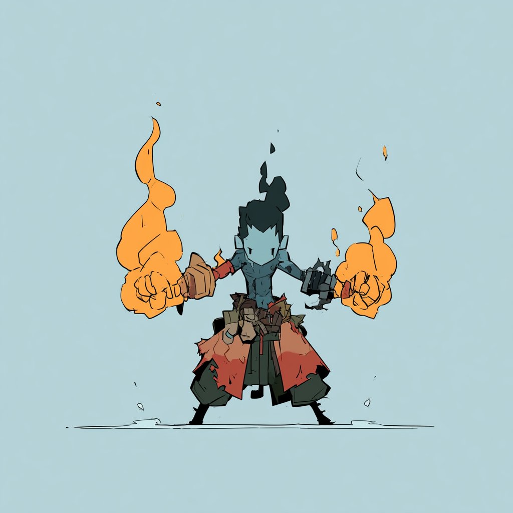 A WASTELAND character in a red coat, both fists wreathed in orange flame.
